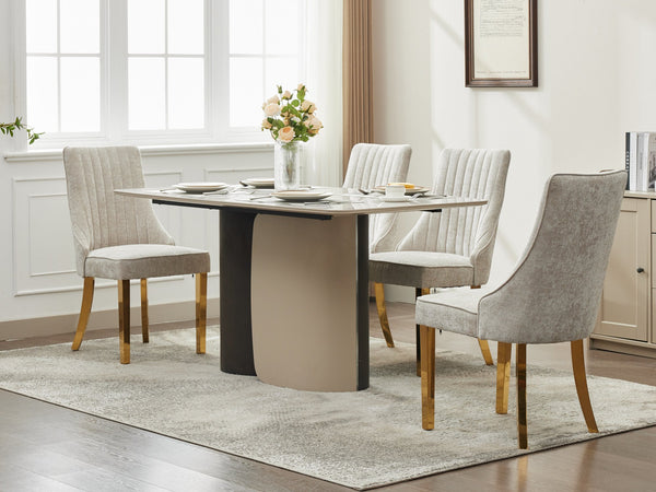 English Elm Rayon High Back Dining Chair Set with Plush Flocking Upholstery, Golden Stainless Legs, Comfort-Focused Design Beige W1143P293313