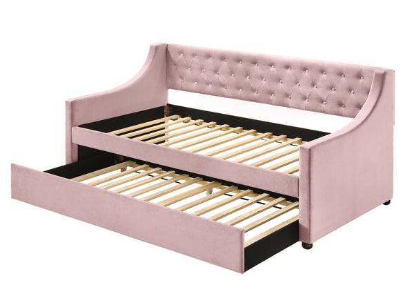 English Elm Lianna Pink Velvet Daybed with Roll-Out Trundle, Twin Upholstered Button-Tufted Bed, No Mattress Included B2726S00323