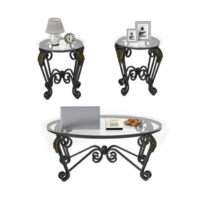 English Elm Tempered Glass Nesting Coffee Table Set Three Piece Elliptical Metal Living Room D665098815