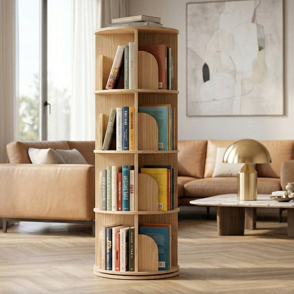 English Elm 3 Tier Spinning Round Bookcase Natural Wood Floor Shelf for Bedroom or Study W2989P460327