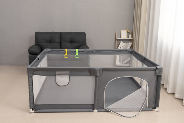 English Elm FABRIC Baby Playpen Foldable Toddler Fence with Anti-Slip Suction Base, Breathable Mesh Views, Gray B205P293090