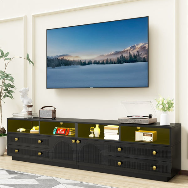 English Elm Tv Stand with Rgb Led Lighting High Gloss Entertainment Center for Large Living Rooms Black T3773P416493