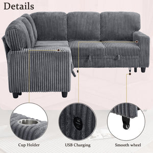 English Elm L-shaped Sectional Sleeper Sofa with Hidden Storage Usb Charging Corduroy Upholstery Grey W1998S00092