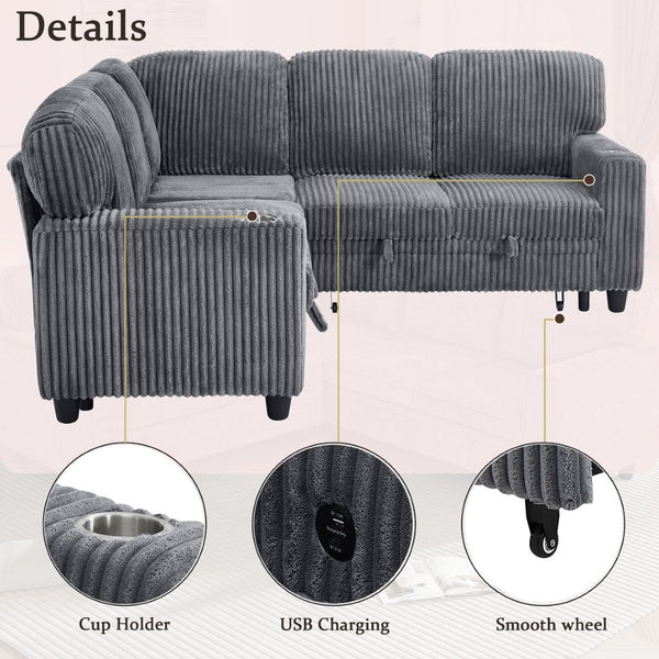 English Elm L-shaped Sectional Sleeper Sofa with Hidden Storage Usb Charging Corduroy Upholstery Grey W1998S00092
