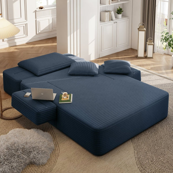 English Elm Luxurious Corduroy Convertible Chaise Lounge Sofa Bed with Storage and Coil Spring Foam Blue W3219P483087