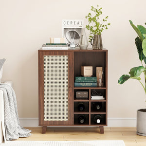 English Elm Rattan Cane Front Sideboard with Drawers Adjustable Shelf Bohemian Storage Cabinet Walnut T3623P434765