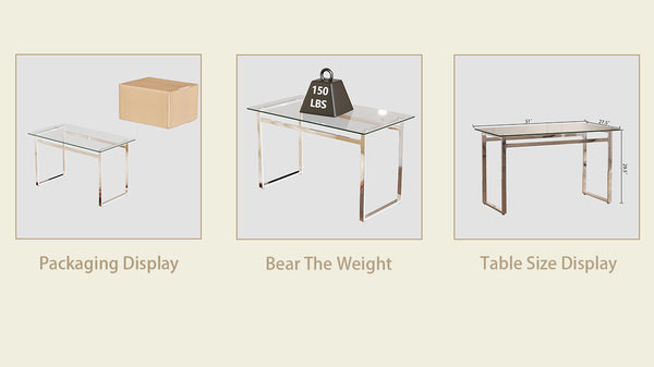 English Elm 51" Modern Minimalist Rectangular Glass Dining Table for 4-6, 8mm Tempered Top with Chrome Legs, Sleek Desk W3732P369039