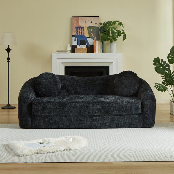 English Elm 86-inch Curved Chenille Convertible Sofa Recliner Frameless Folding Two-seater for Living Room Black W3505P452820