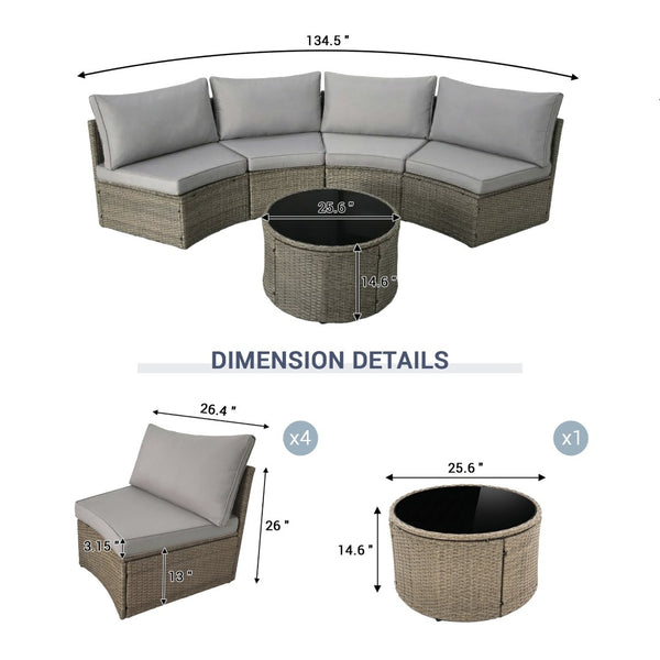 English Elm Outdoor Half Moon 8 Piece Pe Rattan Sectional Sofa Set with Glass Coffee Table W874S00083
