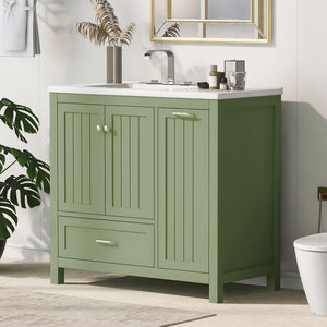 English Elm 36" Bathroom Vanity With Sink, One Cabinet With Two Doors and One Big Drawer and One Flip Drawer, Solid Wood and Mdf Board, Green