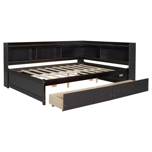 English Elm Full Size L-Shaped Bed With Bookcases, Usb Ports & Storage Drawers - Smart Space-Saving Solution! W504S00220