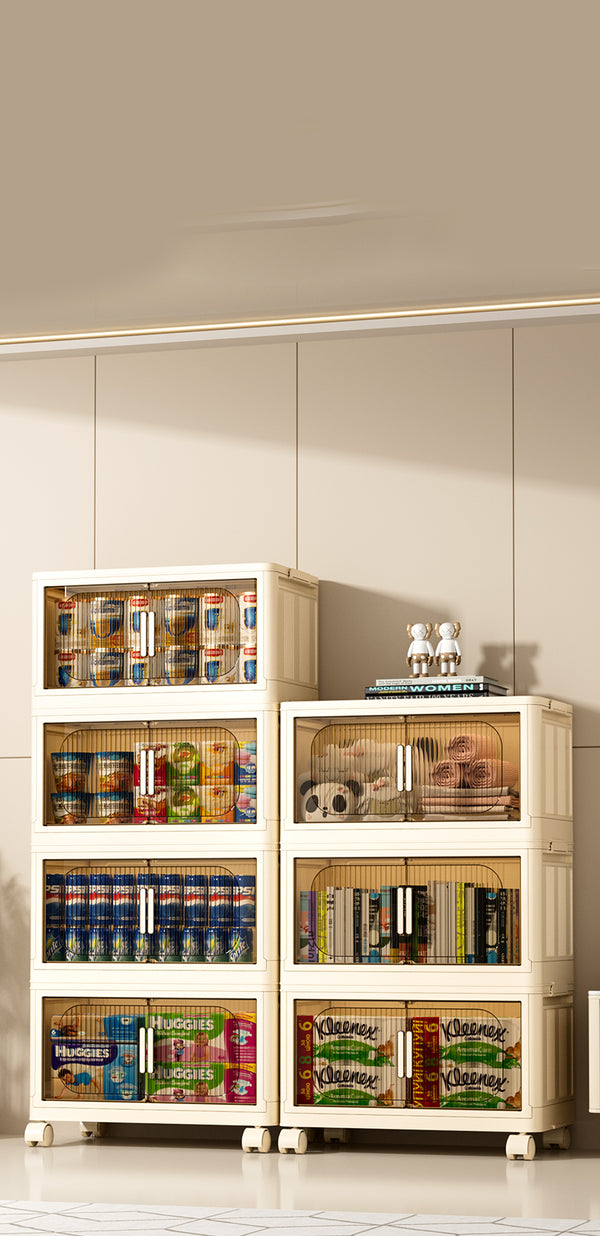 English Elm 19.69" Versatile 4-Tier Folding Storage Cabinet With Wheels, Magnetic Door & Collapsible Bins For Home W2873P207556