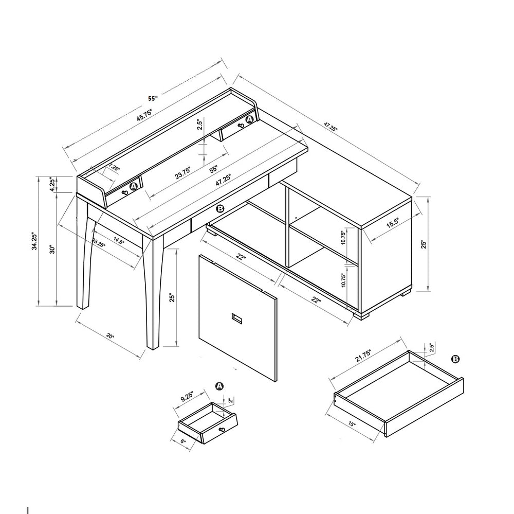 English Elm L-shaped grey workstation desk with mini hutch, reversible return, 3 drawers, sliding door credenza storage B107S00001