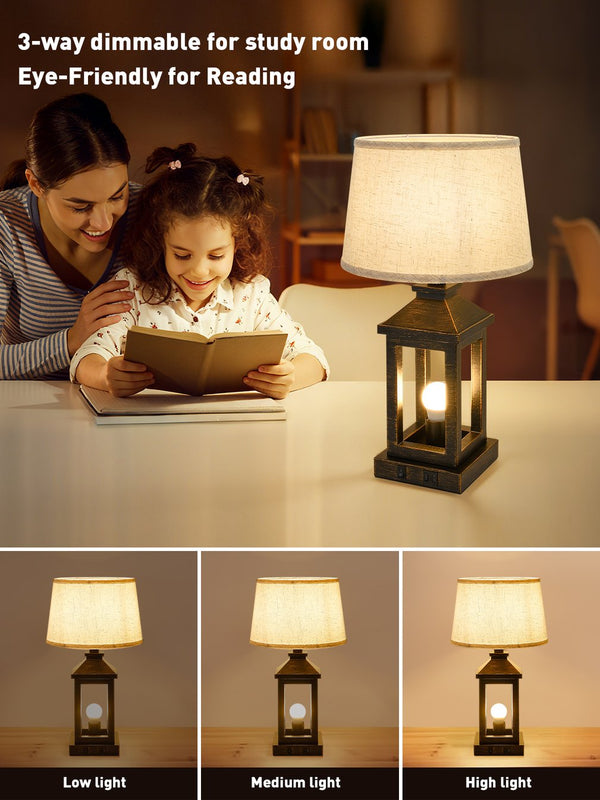 English Elm 20.5in Vintage Table Lamp Set of 2 Rustic Farmhouse Nightstand Lamps with Linen Shade & USB Ports Black+Gold W2312P389975