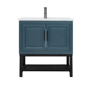 English Elm 32" Modern Bathroom Vanity with White Ceramic Seamless Sink, Textured Aluminum Faucet, Durable Hinges and Open Iron Shelf for Stylish Storage Blue W688P224392