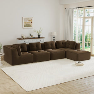 English Elm Modern Corduroy Sectional Sofa with Tufted Cushions Deep Seat and Movable Ottoman Brown W714S01811