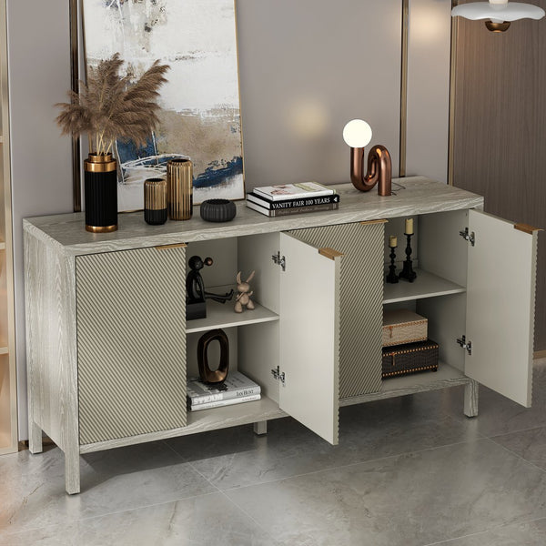 English Elm Sideboard Champagne 59" Modern Wood Buffet Cabinet with 4 Doors, Adjustable Shelves, 220lb Top Capacity W757P203146