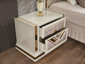 English Elm Omari Modern 4-Piece Queen Bedroom Set With Hydraulic Storage Bed & Gold Accents In Elegant Beige B009S01395