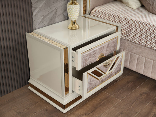 English Elm Omari Modern 4-Piece Queen Bedroom Set With Hydraulic Storage Bed & Gold Accents In Elegant Beige B009S01395