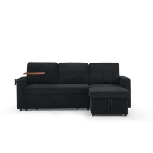 English Elm Modern Chenille Pull-Out Bed Sofa With Led Lights, Usb Ports, Cup Holders & Retractable Table, Black W1413S00098