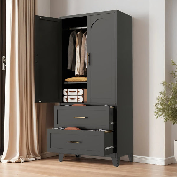 English Elm 71" Steel Wardrobe with Hanging Rod Two Drawers and Shelf for Compact Bedroom W3387P411306