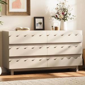 English Elm 60" Wave Front Six Drawer Dresser Sculptural Engineered Wood Media Console for Bedroom Ivory N739S0000011W