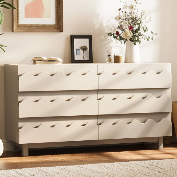 English Elm 60" Wave Front Six Drawer Dresser Sculptural Engineered Wood Media Console for Bedroom Ivory N739S0000011W