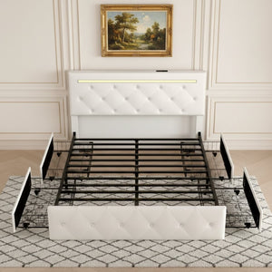 English Elm Queen Storage Bed with Led Lighting Crystal Tufted Pu Leather Headboard Charging Ports White W5722P462460