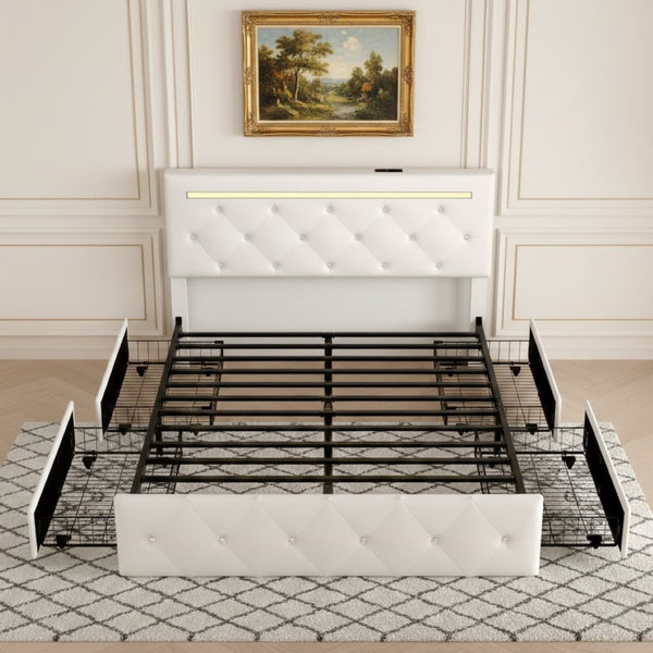 English Elm Queen Storage Bed with Led Lighting Crystal Tufted Pu Leather Headboard Charging Ports White W5722P462460