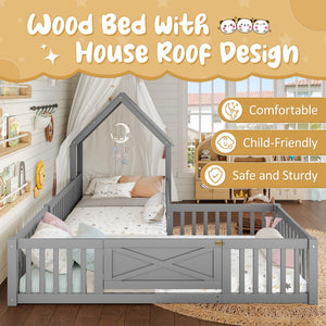 English Elm Twin House Floor Bed with Door and Full-Length Guardrails, Solid Wood Double Twin Floor Bed for Kids' Playful Rooms Grey W1580P354638