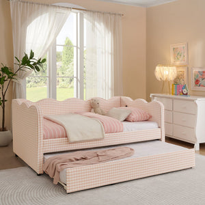 English Elm Cozy Twin Gingham Daybed with Trundle Sofa Bed, Linen Upholstery, USB Port, Wave Frame Design Pink W1413S00099