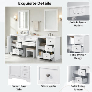English Elm 84" Double Sink Vanity with Stone Countertop Six Soft Close Drawers and Silver Knobs White N817P404196W