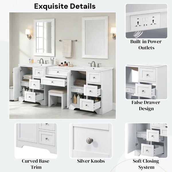 English Elm 84" Double Sink Vanity with Stone Countertop Six Soft Close Drawers and Silver Knobs White N817P404196W