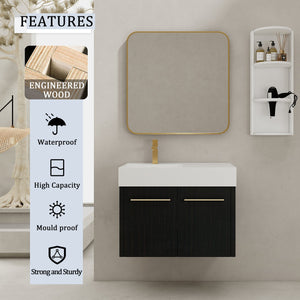 English Elm 30 Inch Wall-Mounted Bathroom Vanity Set With Left Basin Sink, Storage Rack & Modern Design W999S00368
