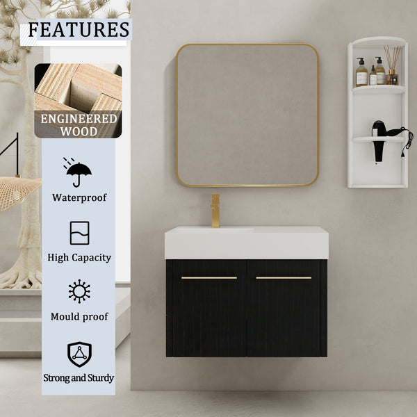 English Elm 30 Inch Wall-Mounted Bathroom Vanity Set With Left Basin Sink, Storage Rack & Modern Design W999S00368