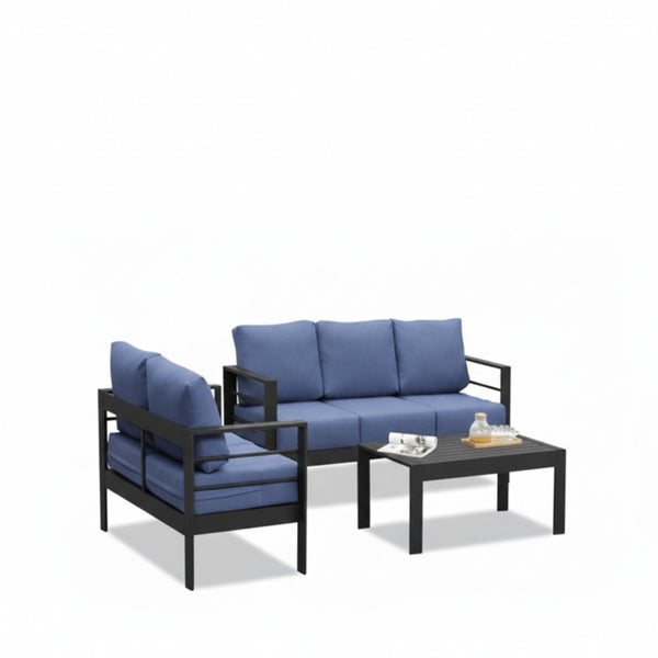 English Elm 3-piece Outdoor Aluminum Conversation Set with Deep Cushions and Wpc Coffee Table Blue B082S00095