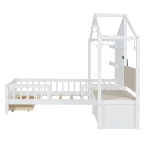 English Elm Twin House Bed Frame with Sofa Seating Led Lighting Drawers and Wireless Charging LP000521AAK-1