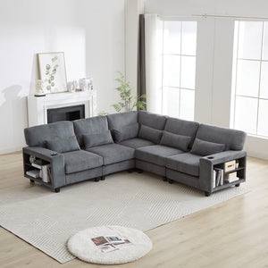 English Elm 102.75*102.75" L-Shaped Modular Sectional Sofa with Corduroy Upholstery, Storage Arm, Cup Holder, 5-Seat Convertible Lounge Grey W1926S00055