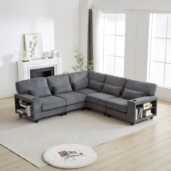 English Elm 102.75*102.75" L-Shaped Modular Sectional Sofa with Corduroy Upholstery, Storage Arm, Cup Holder, 5-Seat Convertible Lounge Grey W1926S00055
