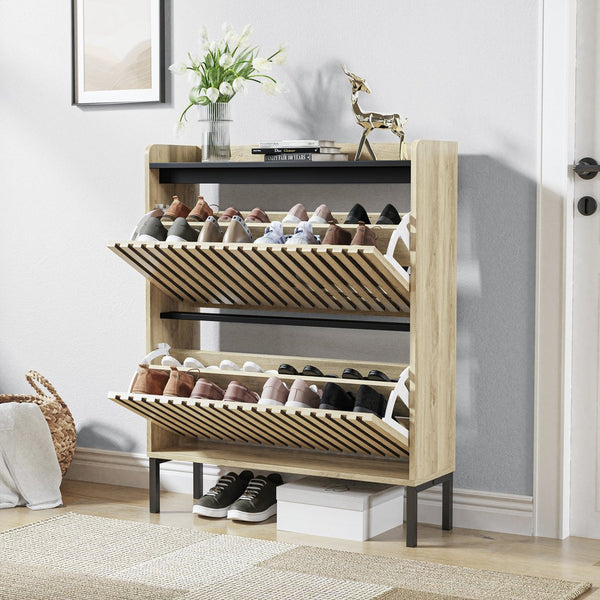 English Elm Fluted,2 Teak & Black Flip Shoe Cabinet with Fenced-Element Doors, Compact Multi-Layer Entryway Storage Solution W2673P209455