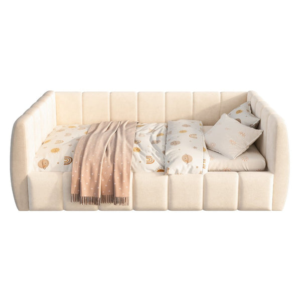 English Elm Upholstered Velvet Toddler Daybed with Removable Guardrails and Solid Slat Support Beige N899P452426A