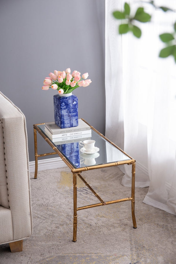 English Elm 36x16x16.5" Bamboo-Style Antique Gold Coffee Table with Glass Top — Vintage Luxe, Sunroom-Ready Statement Piece W2078P370593