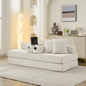 English Elm Comfy Chenille Convertible Folding Mattress Couch Sofa Bed with Armrest, Space-Saving, No Assembly Needed Beige W1143P330248