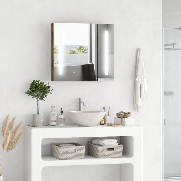 English Elm kleankin Rustic Brown Lighted Medicine Cabinet with Mirror, 27.5"x25.5" Dimmable LED, USB Charging, 3-Tier Storage, Smart Touch W2225P229718