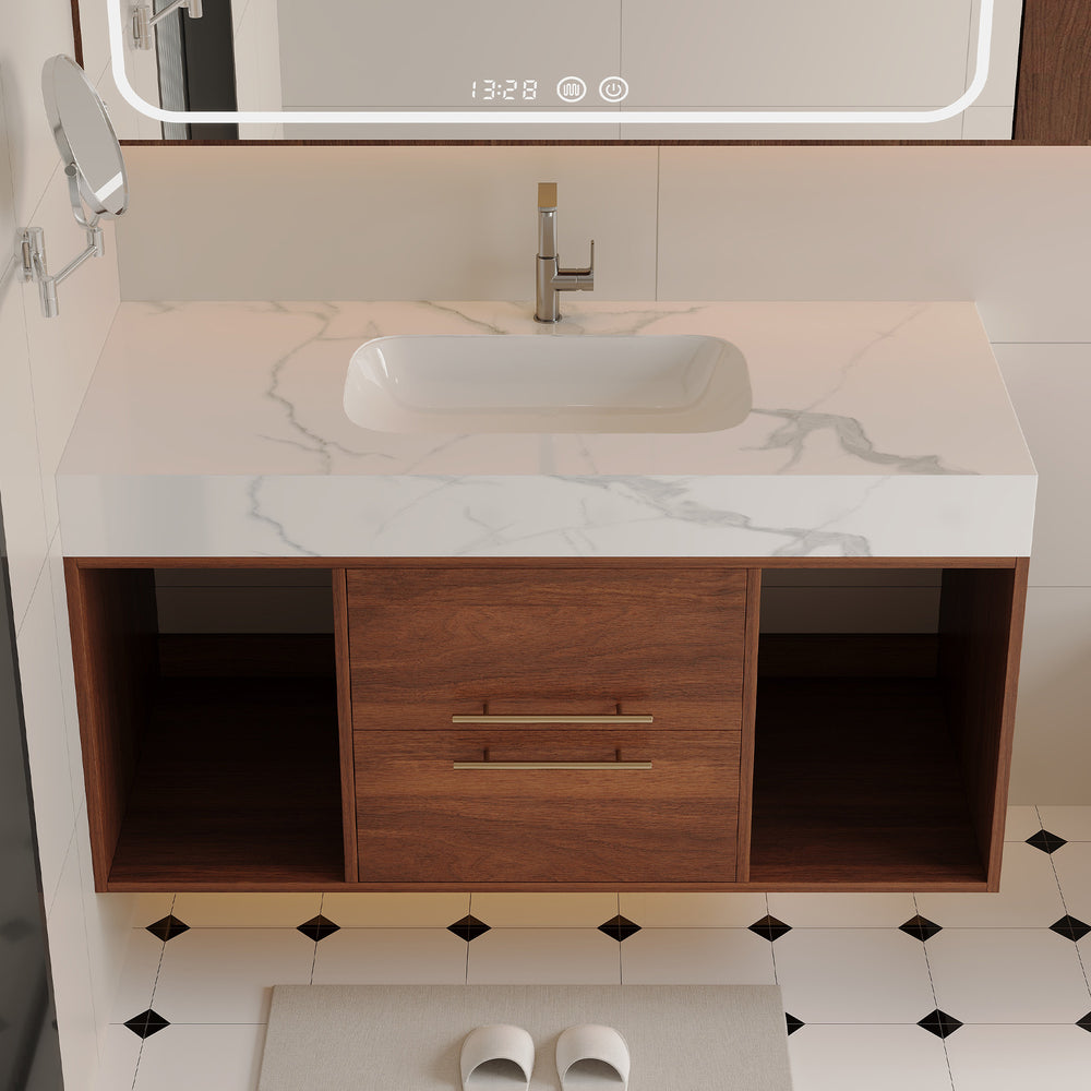 English Elm 39.4'' Floating Bathroom Vanity with Ceramic Sink and Sintered Stone Top, Wall-Mount Modern Design White+Walnut W3136S00020