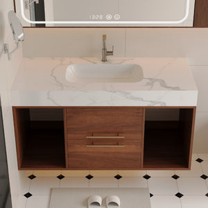 English Elm 39.4'' Floating Bathroom Vanity with Ceramic Sink and Sintered Stone Top, Wall-Mount Modern Design White+Walnut W3136S00020