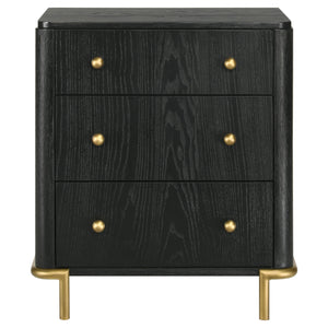 English Elm Anser Black 3-Drawer Nightstand with Wire-Brushed Finish, Gold Legs & Ball Knobs — Elegant Storage Solution B062P299882