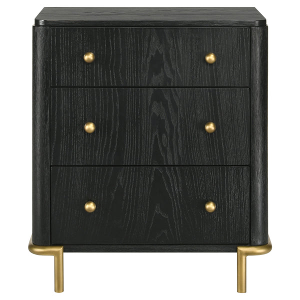 English Elm Anser Black 3-Drawer Nightstand with Wire-Brushed Finish, Gold Legs & Ball Knobs — Elegant Storage Solution B062P299882