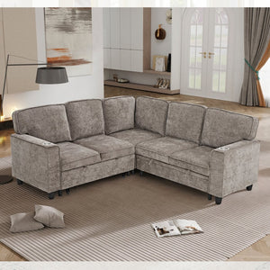 English Elm L-shaped Chenille Sectional Sleeper Sofa with Storage and Usb Charging Ports Light Brown W1998S00089