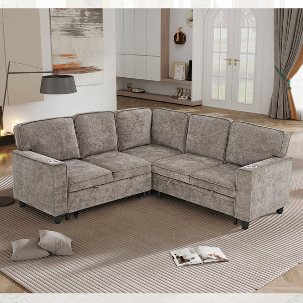 English Elm L-shaped Chenille Sectional Sleeper Sofa with Storage and Usb Charging Ports Light Brown W1998S00089